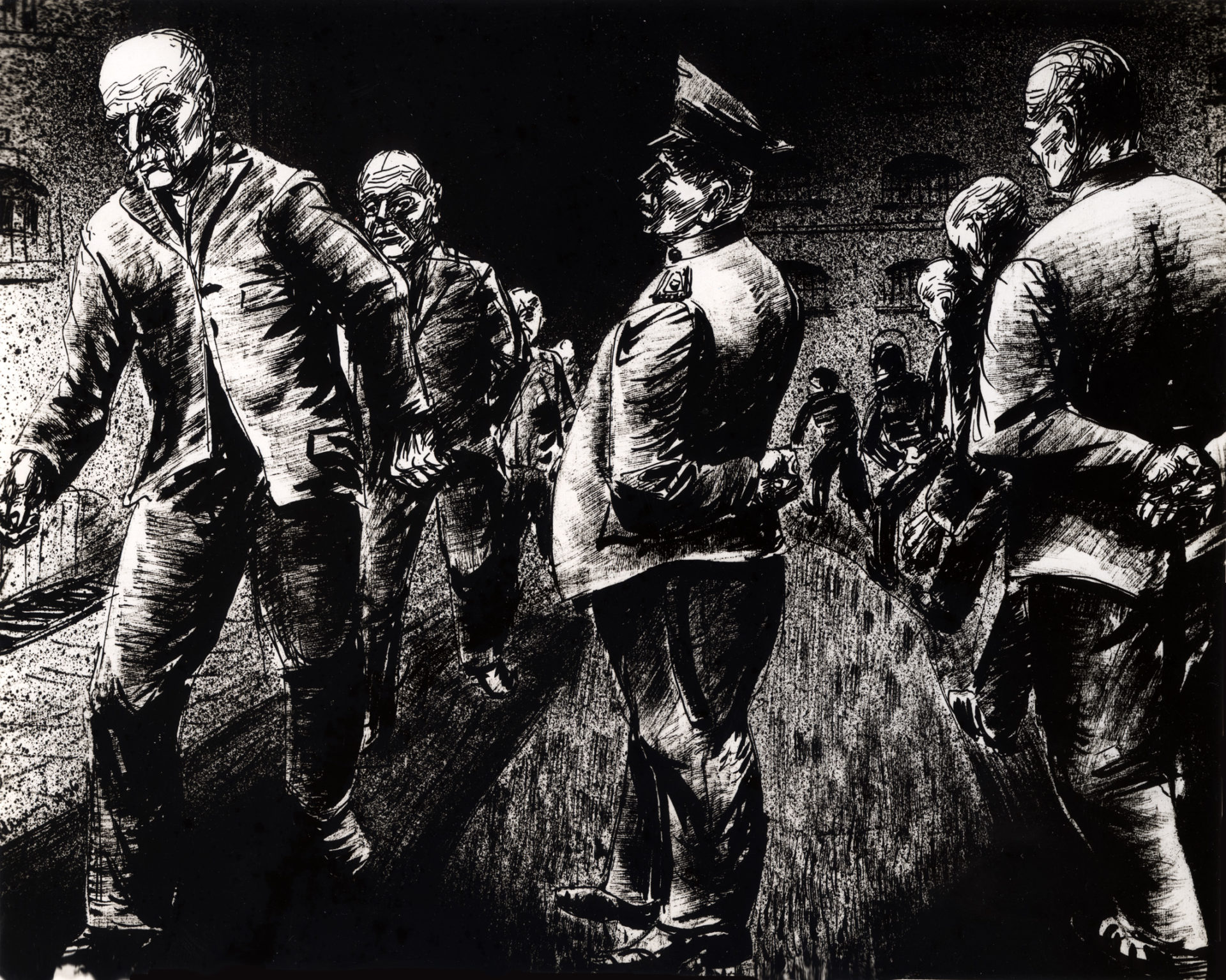 Diese Zeichnung von Karl Schwesig trägt den Untertitel "Spaziergang eine halbe Stunde täglich" und ist nach seiner ersten Inhaftierung in der Ulmer Höh' entstanden. Bild: ehem. Galerie Remmert und Barth, Düsseldorf