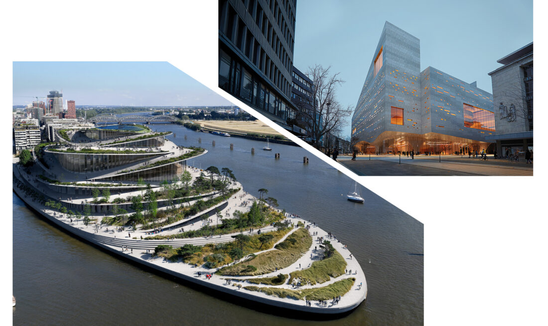 Siegerentwurf Oper Hamburg, Skyfish, Architekturbro Bjarke Ingels Group und Siegerentwurf Dsseldorf, Architekturbro Sn¿hetta Oslo ASBildmontage: Andreas Endermann