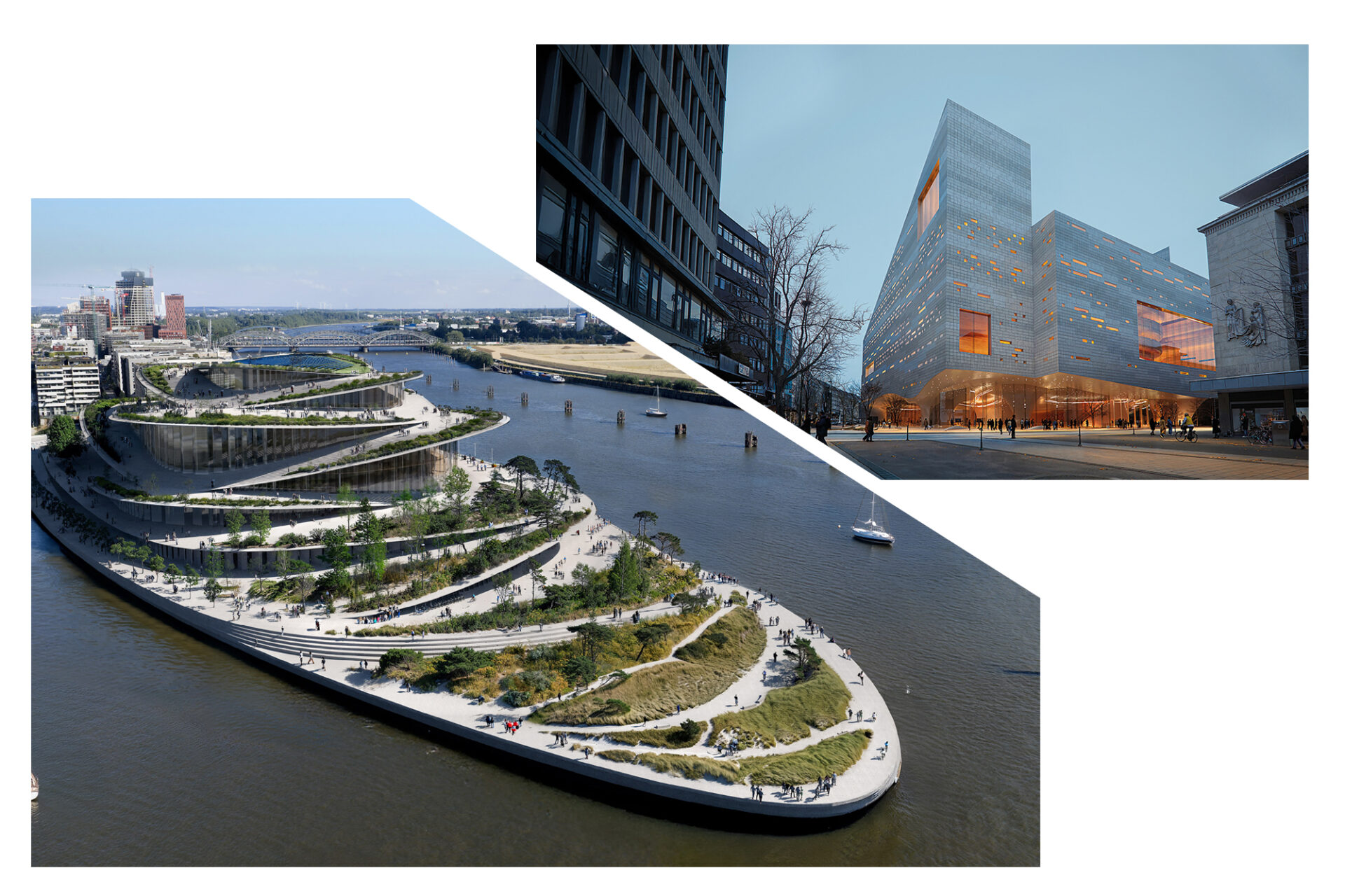 Siegerentwurf Oper Hamburg, Skyfish, Architekturbro Bjarke Ingels Group und Siegerentwurf Dsseldorf, Architekturbro Sn¿hetta Oslo ASBildmontage: Andreas Endermann