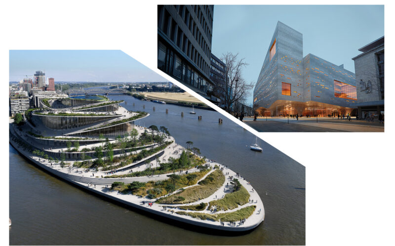 Siegerentwurf Oper Hamburg, Skyfish, Architekturbro Bjarke Ingels Group und Siegerentwurf Dsseldorf, Architekturbro Sn¿hetta Oslo ASBildmontage: Andreas Endermann