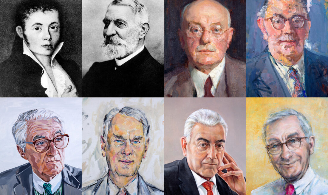 IHK Präsidenten, Düsseldorf, oben v.l. Franz Schimmelbusch, Gustav Bloem, Carl Rudolf Poensgen, Ernst Schneider; unten v.l. Rolf Schwarz-Schütte, Albrecht Woeste, Hermann Franzen, Ulrich Lehner Fotos: IHK Düsseldorf / Montage: Andreas Endermann