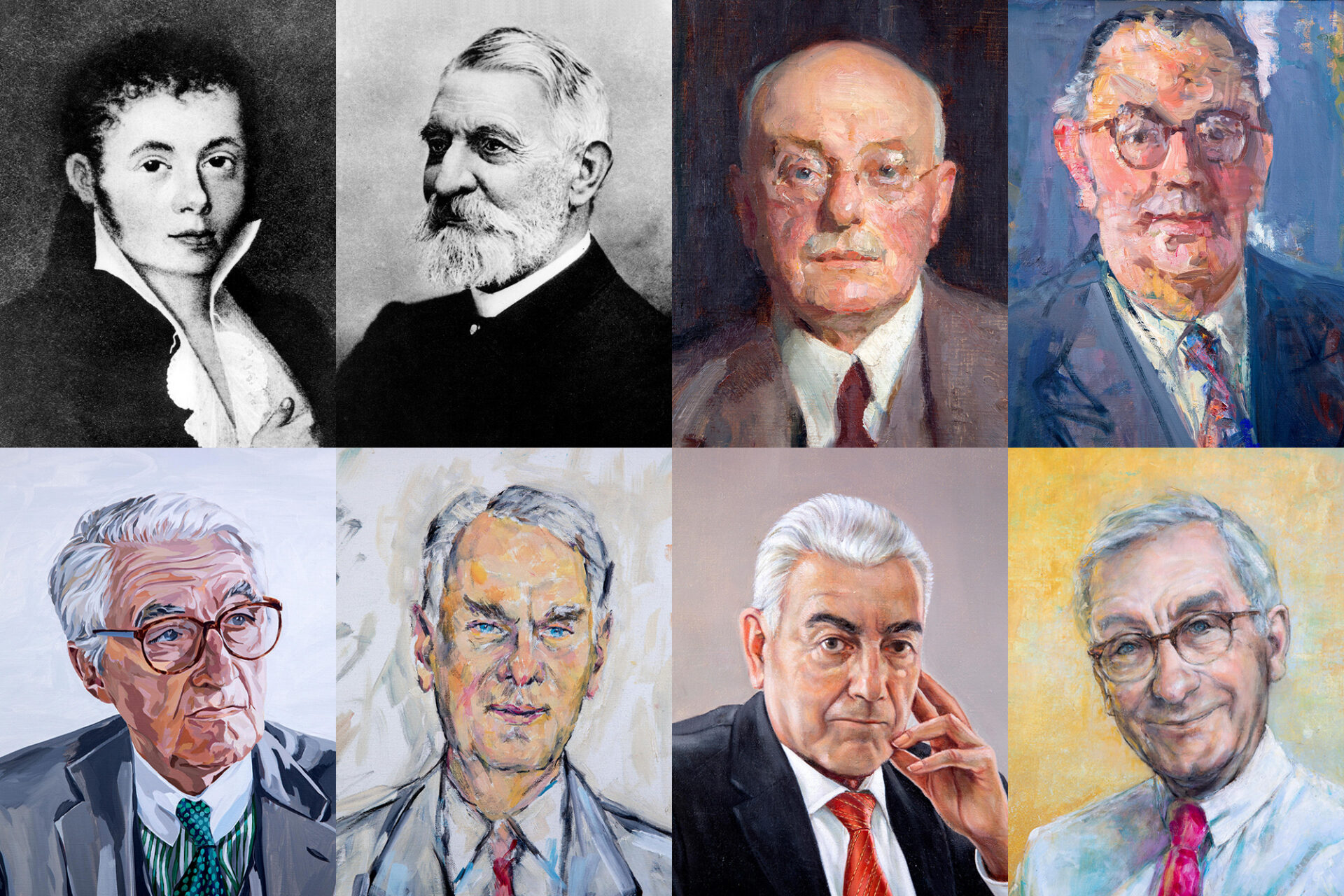 IHK Präsidenten, Düsseldorf, oben v.l. Franz Schimmelbusch, Gustav Bloem, Carl Rudolf Poensgen, Ernst Schneider; unten v.l. Rolf Schwarz-Schütte, Albrecht Woeste, Hermann Franzen, Ulrich Lehner Fotos: IHK Düsseldorf / Montage: Andreas Endermann