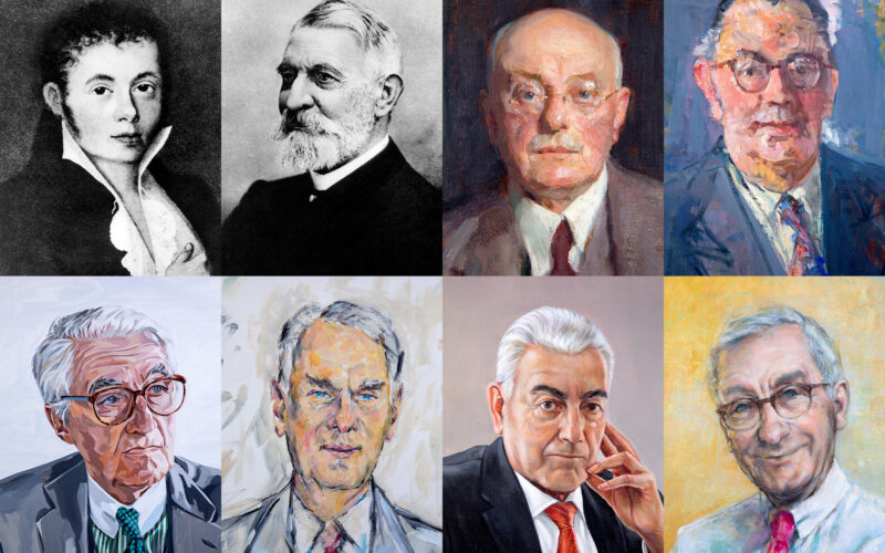 IHK Präsidenten, Düsseldorf, oben v.l. Franz Schimmelbusch, Gustav Bloem, Carl Rudolf Poensgen, Ernst Schneider; unten v.l. Rolf Schwarz-Schütte, Albrecht Woeste, Hermann Franzen, Ulrich Lehner Fotos: IHK Düsseldorf / Montage: Andreas Endermann
