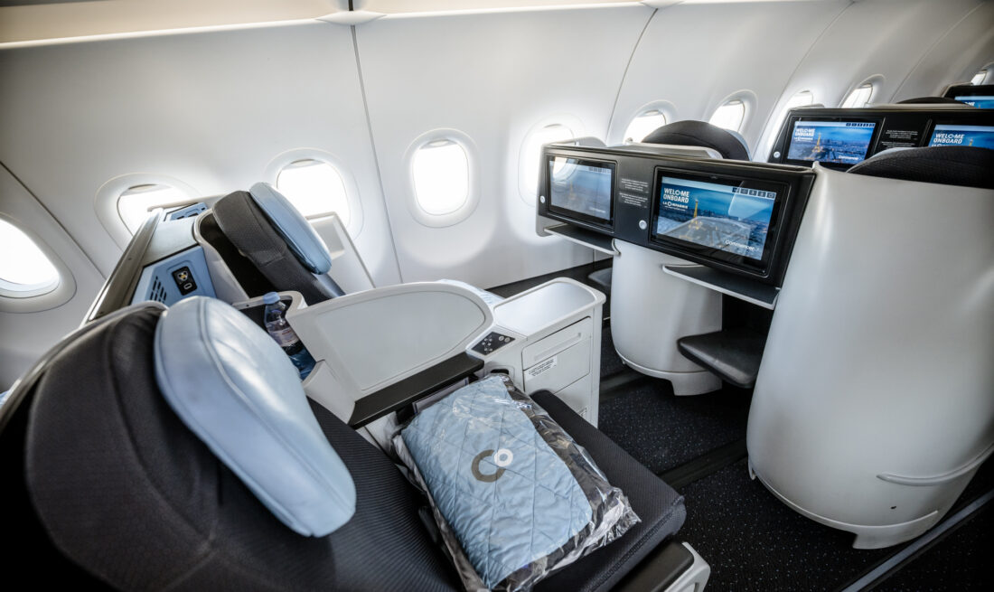 DUS Flughafen Düsseldorf, PK mit Christian Vernet, Lars Redeligx und Preeti V. Shah, Fluggesellschaft La Compagnie fliegt Business nach New York Foto: Andreas Endermann